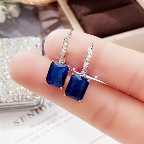 Blue Sapphire Cubic Zirconia Silver Dangle Earrings - Picture 2 of 6